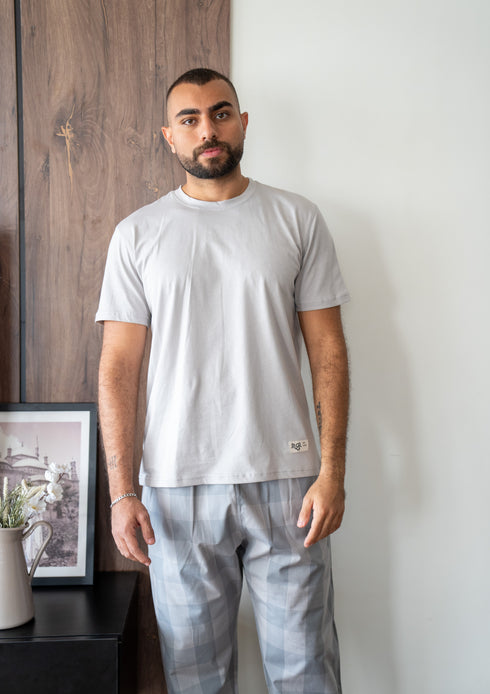 Men summer pajama set Grey T-shirt + Light Grey X Grey Glen Plaid Pants